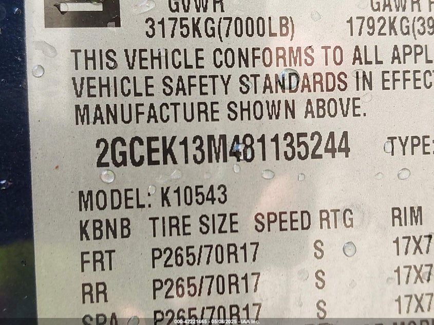 2008 CHEVROLET SILVERADO 1500 VIN: 2GCEK13M481135244