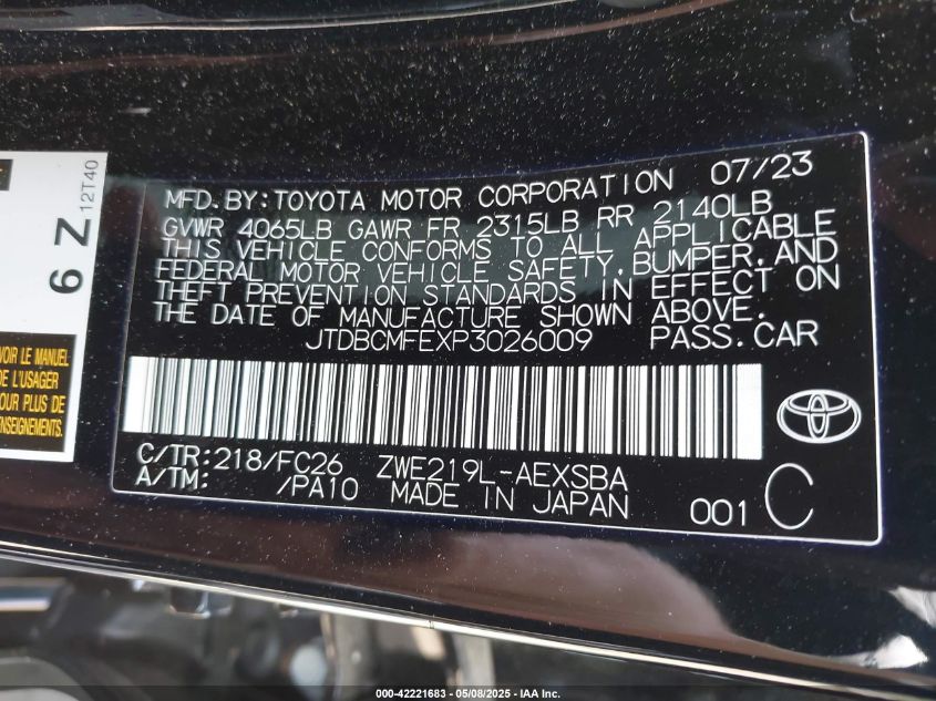 2023 Toyota Corolla Hybrid Se VIN: JTDBCMFEXP3026009 Lot: 42221683