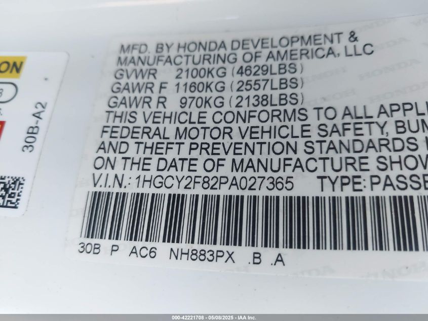 2023 Honda Accord Hybrid Touring VIN: 1HGCY2F82PA027365 Lot: 42221708