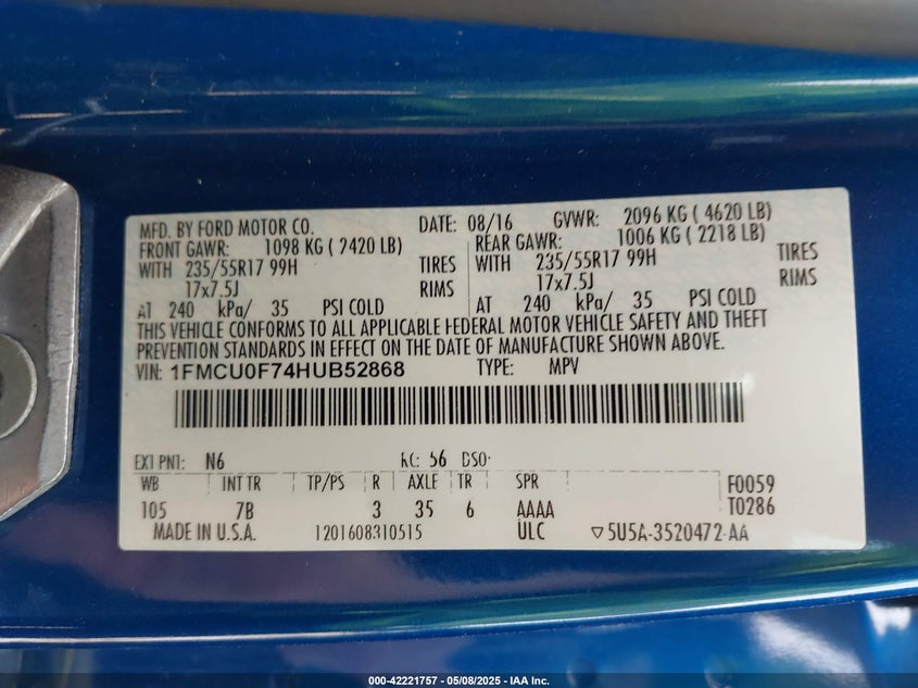 VIN 1FMCU0F74HUB52868 2017 FORD ESCAPE S
