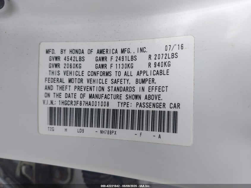 2017 HONDA ACCORD VIN: 1HGCR3F87HA001008