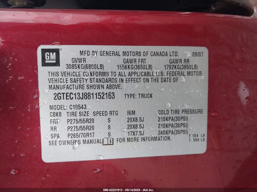 2008 GMC Sierra 1500 Sle1 VIN: 2GTEC13J881152163 Lot: 42221913