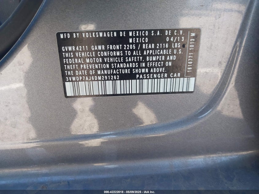 2013 VOLKSWAGEN JETTA VIN: 3VWDP7AJ6DM291262