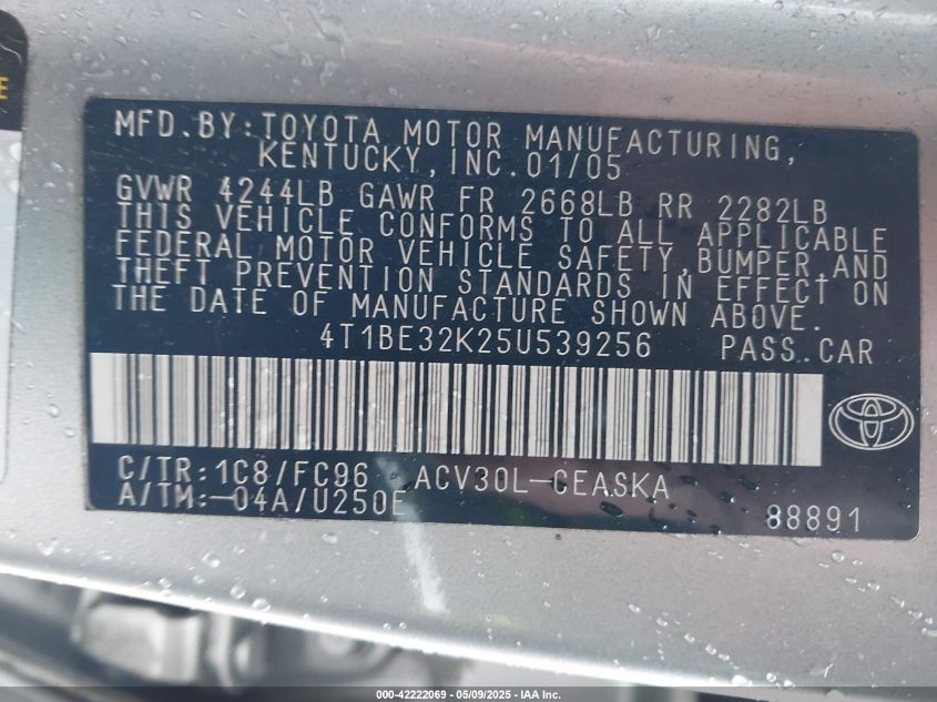 2005 Toyota Camry Se VIN: 4T1BE32K25U539256 Lot: 42222069