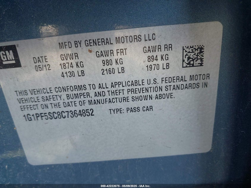 2012 CHEVROLET CRUZE VIN: 1G1PF5SC8C7364852