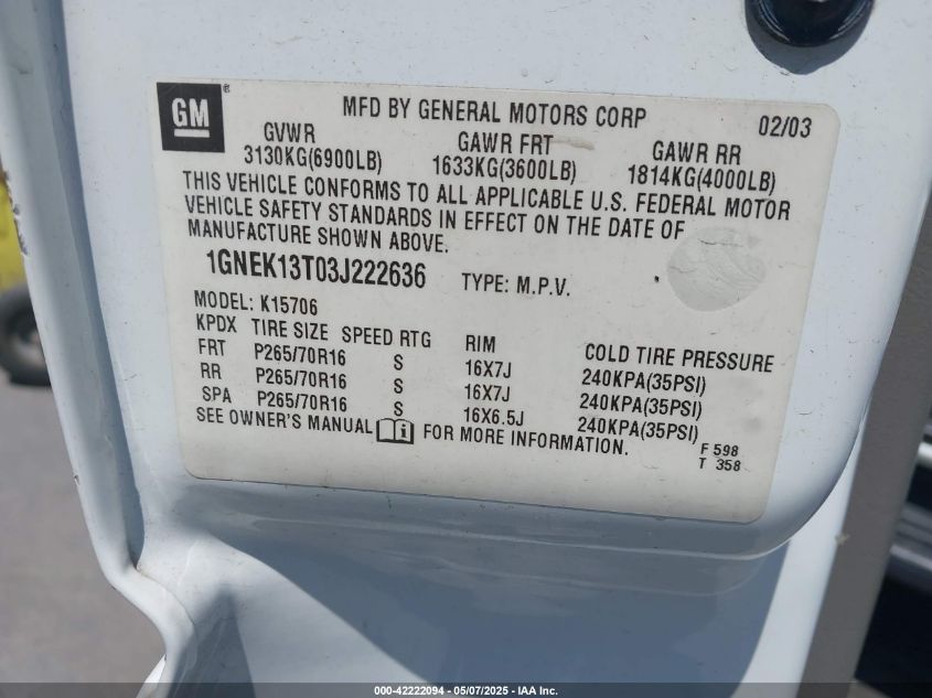 2003 Chevrolet Tahoe Lt VIN: 1GNEK13T03J222636 Lot: 42222094