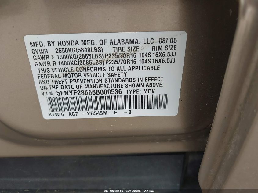 2006 Honda Pilot Ex-L VIN: 5FNYF28666B000536 Lot: 42222116