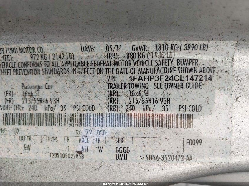 2012 FORD FOCUS VIN: 1FAHP3F24CL147214