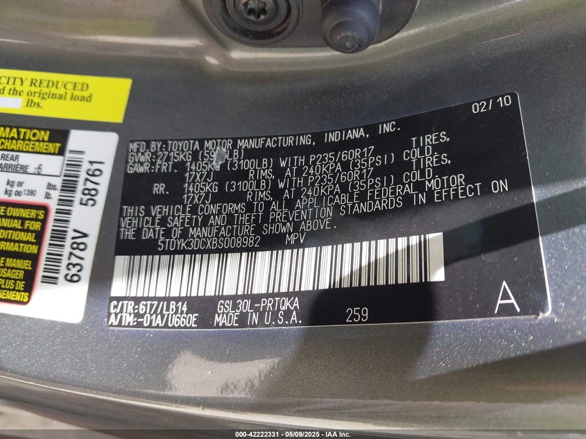 2011 TOYOTA SIENNA VIN: 5TDYK3DCXBS008982
