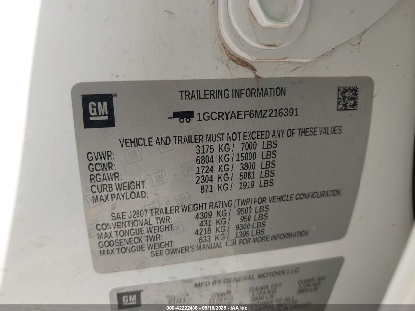 2021 Chevrolet Silverado 1500 - 1GCRYAEF6MZ216391