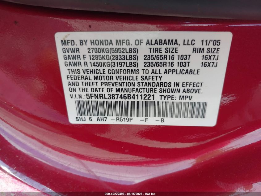 2006 Honda Odyssey Ex-L VIN: 5FNRL38746B411221 Lot: 42222493