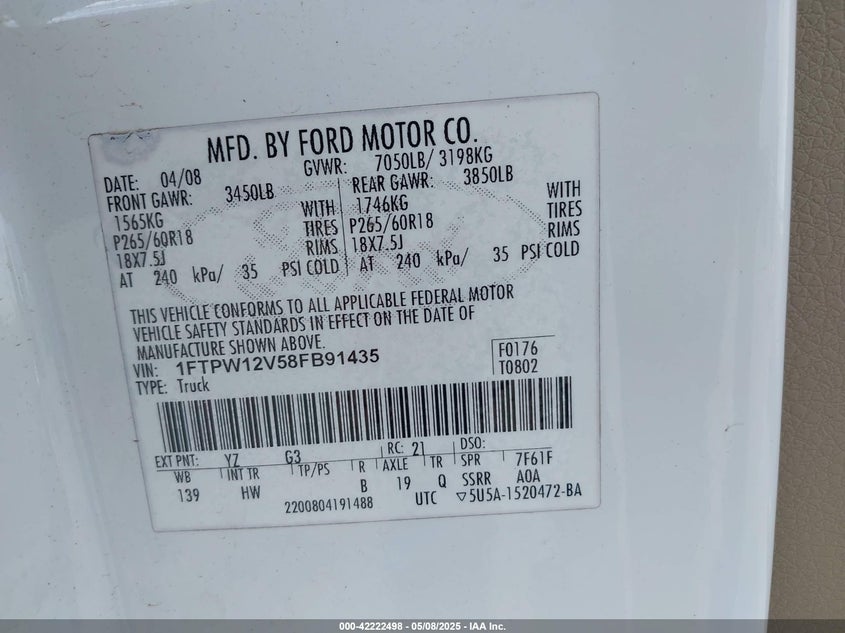 2008 FORD F-150 VIN: 1FTPW12V58FB91435