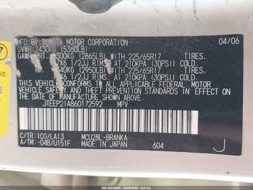 2006 Toyota Highlander Limited V6 VIN: JTEEP21A860172592 Lot: 42222602