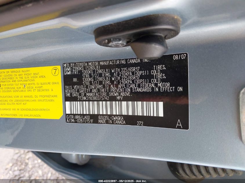 2008 Lexus Rx 350 VIN: 2T2HK31U38C075742 Lot: 42222897