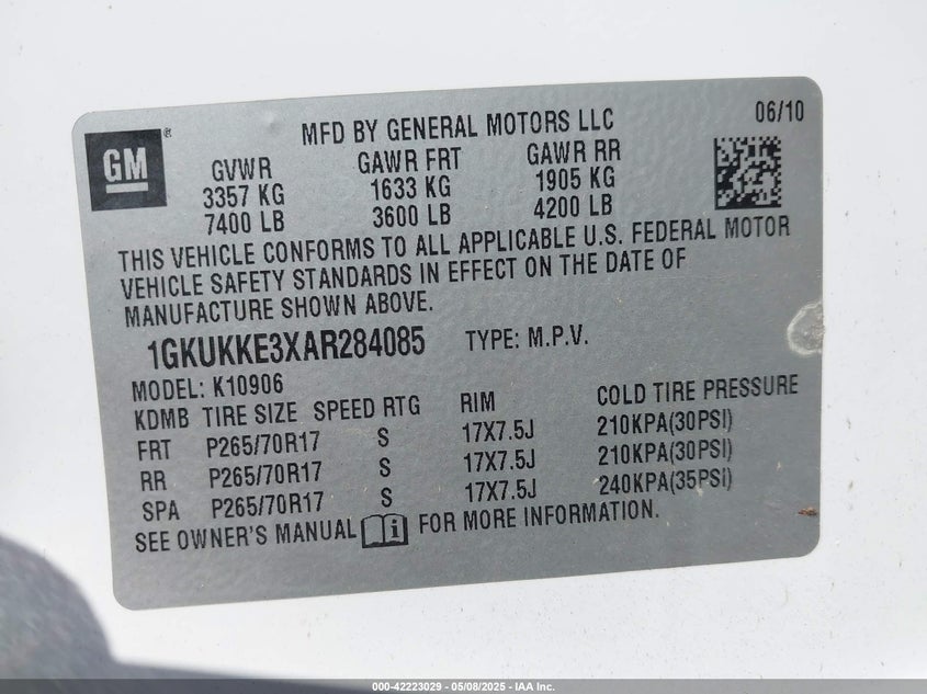 2010 GMC YUKON XL 1500 VIN: 1GKUKKE3XAR284085