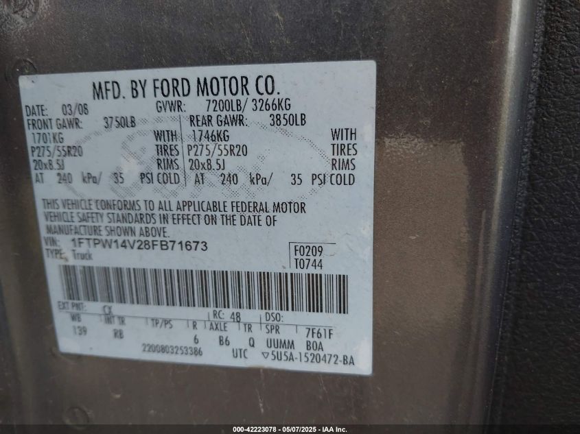 2008 Ford F-150 60Th Anniversary/Fx4/King Ranch/Lariat/Xlt VIN: 1FTPW14V28FB71673 Lot: 42223078