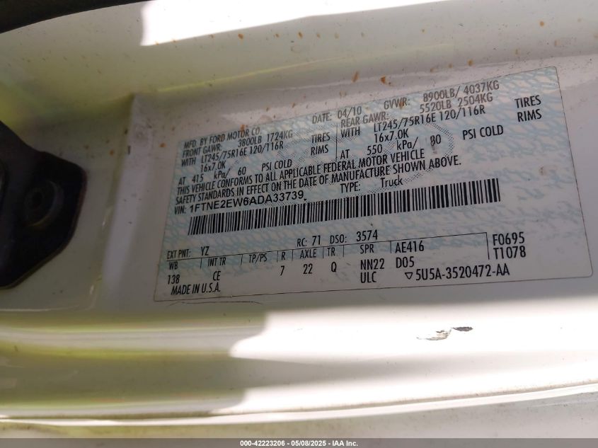 2010 Ford E-250 Commercial/Recreational VIN: 1FTNE2EW6ADA33738 Lot: 42223206