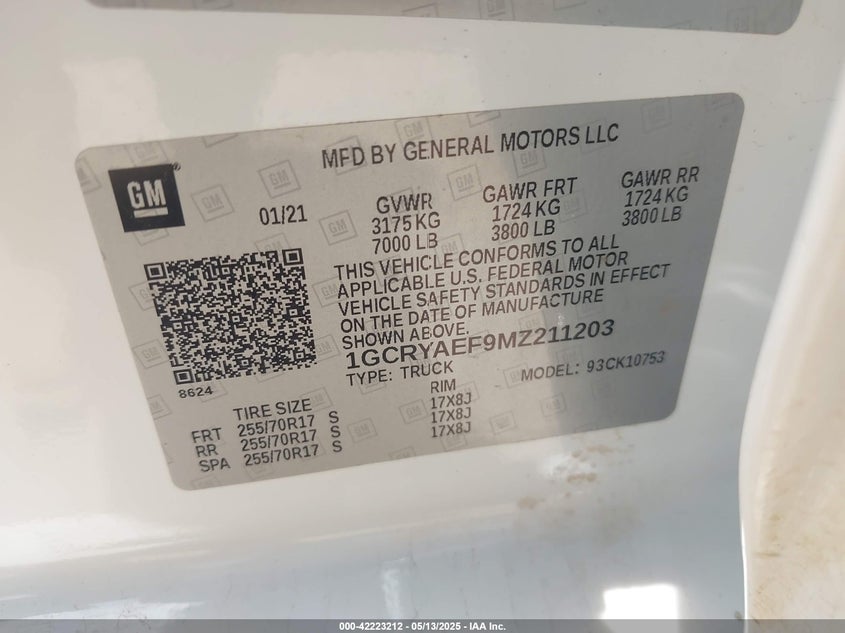 2021 CHEVROLET SILVERADO VIN: 1GCRYAEF9MZ211203