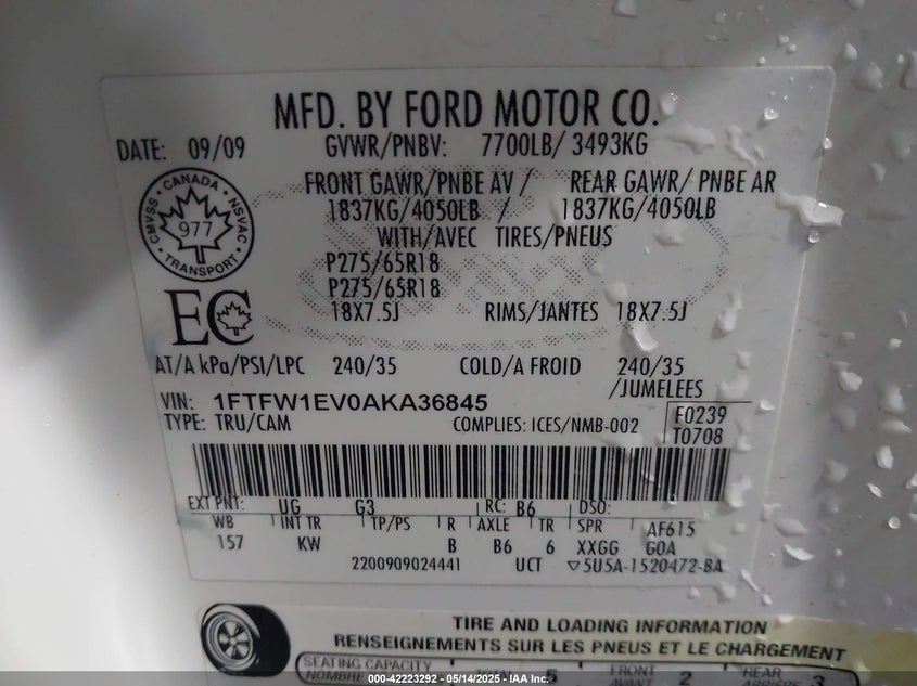 2010 FORD F-150 VIN: 1FTFW1EV0AKA36845