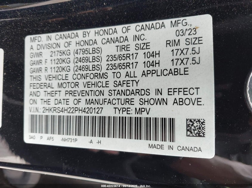 2023 HONDA CR-V VIN: 2HKRS4H22PH420127