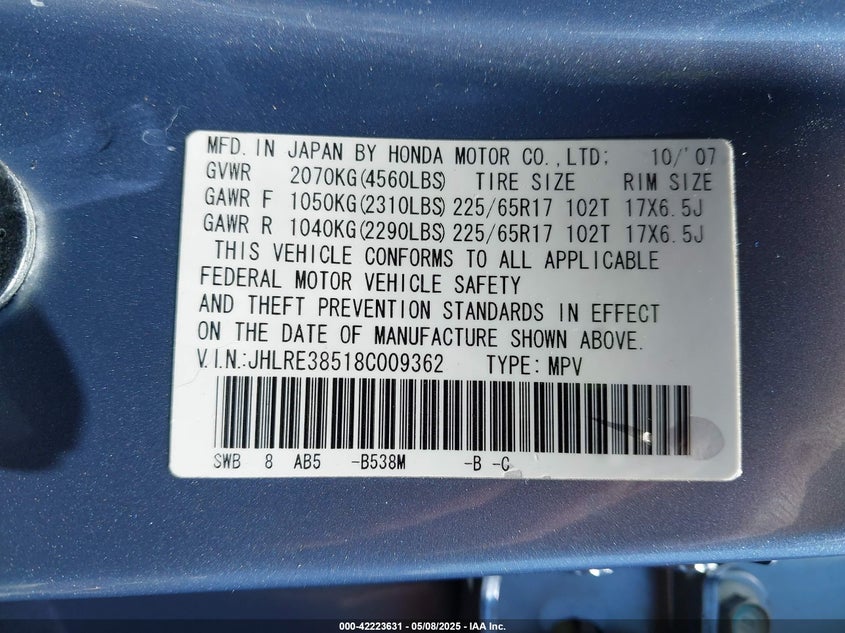 2008 HONDA CR-V VIN: JHLRE38518C009362