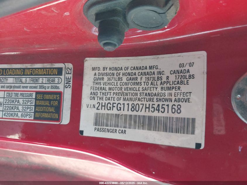 2007 Honda Civic Ex VIN: 2HGFG11807H545168 Lot: 42223668