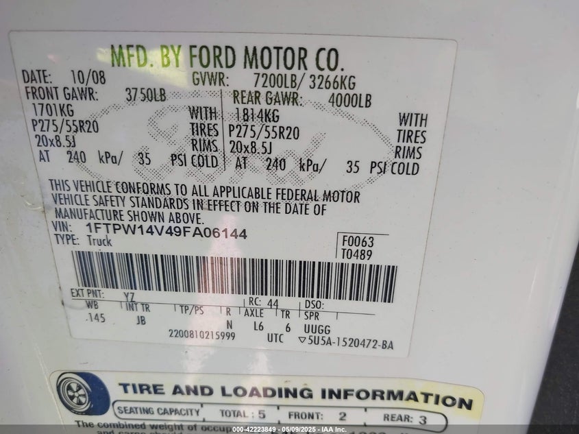 2009 FORD F-150 VIN: 1FTPW14V49FA06144