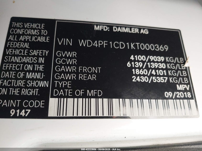 2019 MERCEDES-BENZ SPRINTER 2500 VIN: WD4PF1CD1KT000369