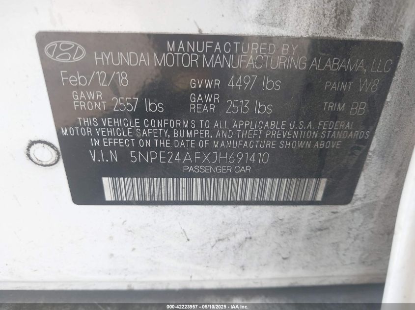 2018 Hyundai Sonata Se VIN: 5NPE24AFXJH691410 Lot: 42223957