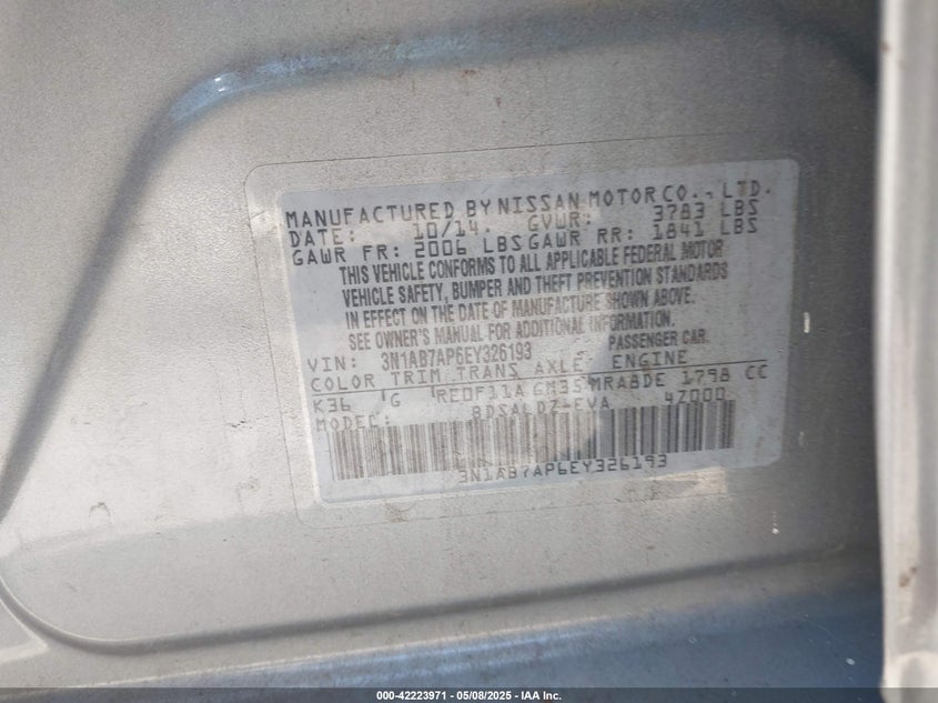 2014 NISSAN SENTRA VIN: 3N1AB7AP6EY326193
