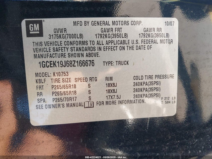 2008 CHEVROLET SILVERADO 1500 VIN: 1GCEK19J68Z166676