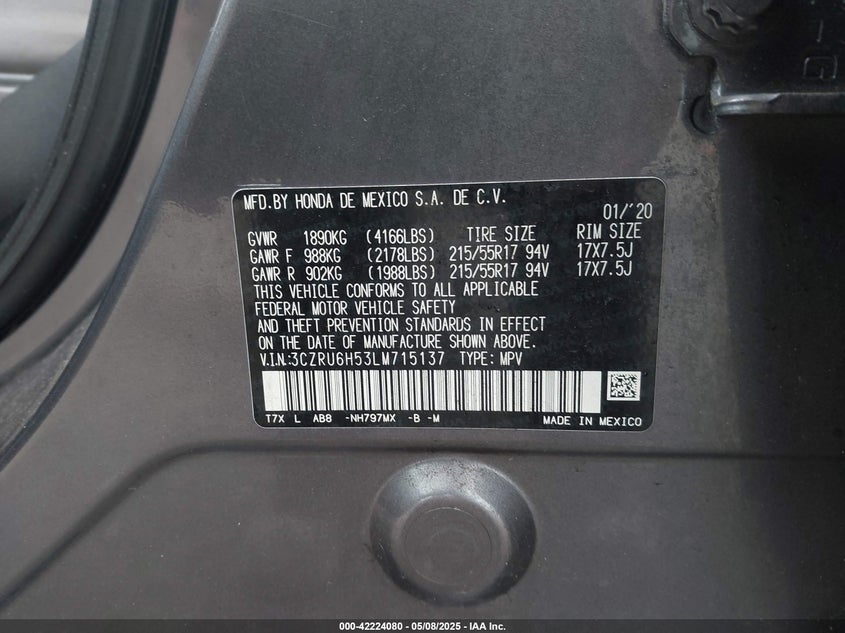 2020 HONDA HR-V VIN: 3CZRU6H53LM715137