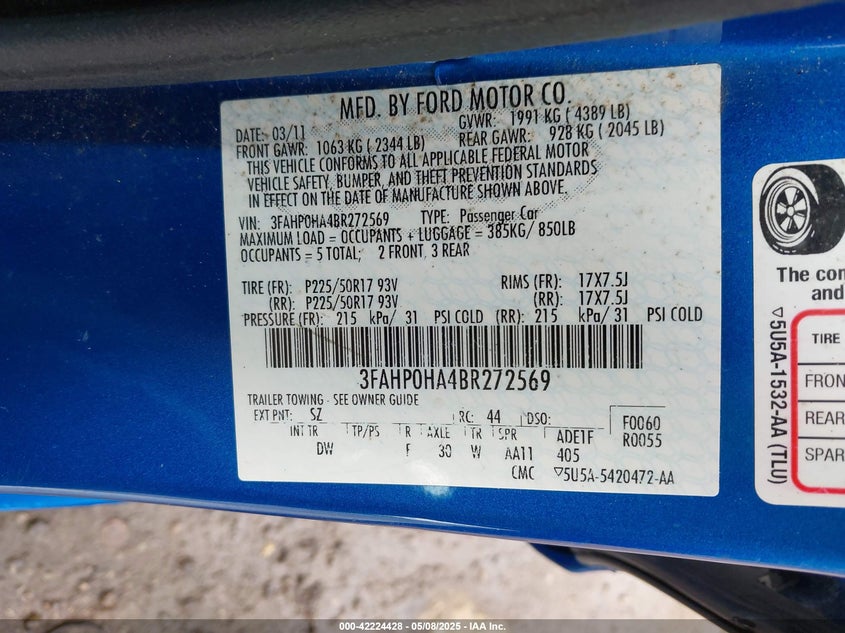 2011 FORD FUSION VIN: 3FAHP0HA4BR272569