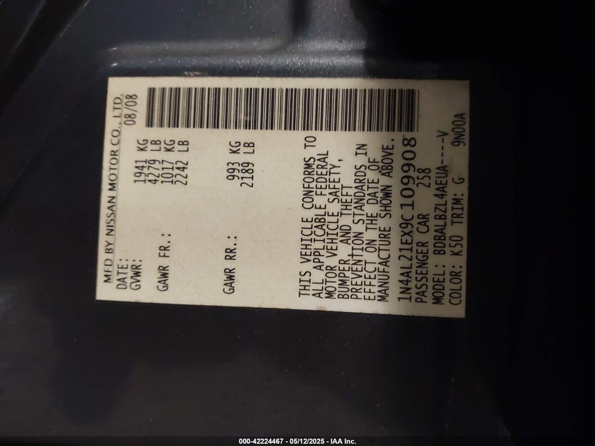 1N4AL21EX9C109908 2009 NISSAN ALTIMA photo no. 9