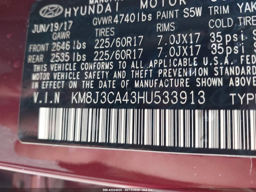 2017 HYUNDAI TUCSON VIN: KM8J3CA43HU533913