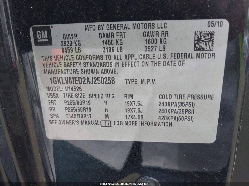 2010 GMC Acadia Slt-1 VIN: 1GKLVMED2AJ250258 Lot: 42224655