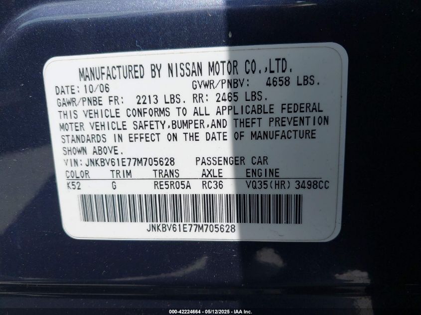 2007 Infiniti G35 Journey VIN: JNKBV61E77M705628 Lot: 42224664