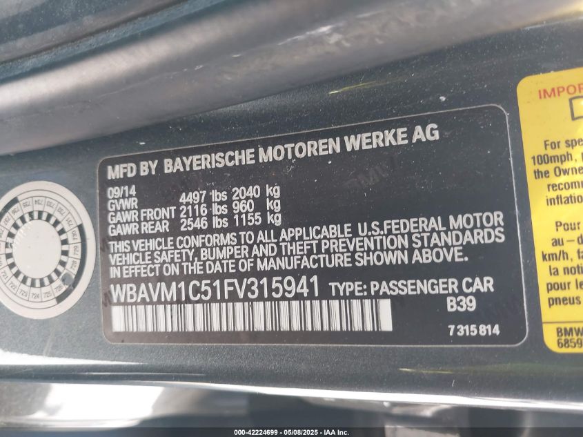 2015 BMW X1 Sdrive28I VIN: WBAVM1C51FV315941 Lot: 42224699