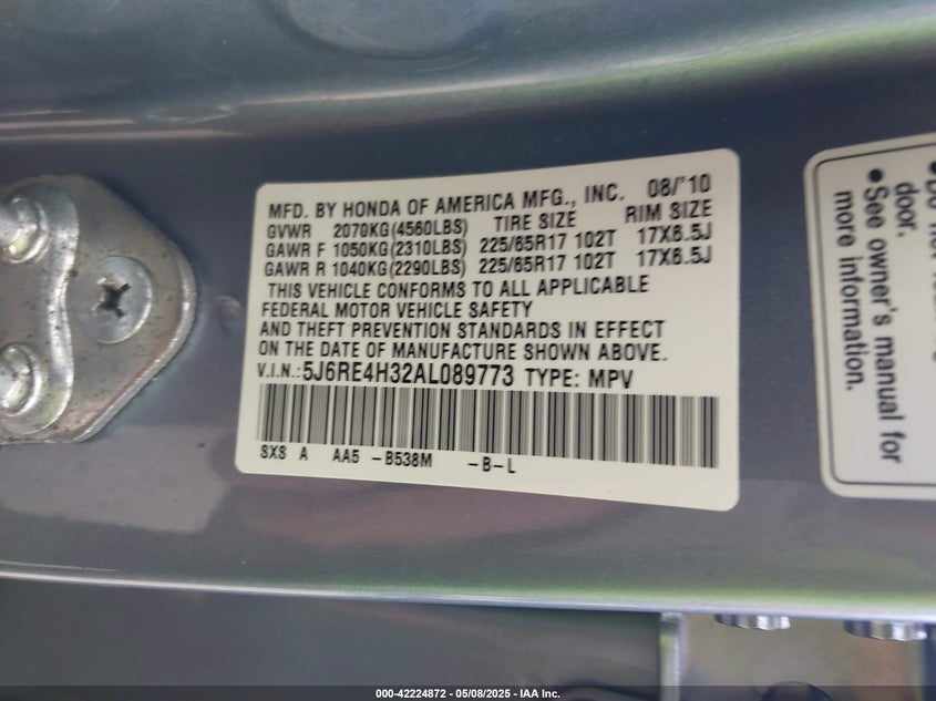 2010 HONDA CR-V VIN: 5J6RE4H32AL089773
