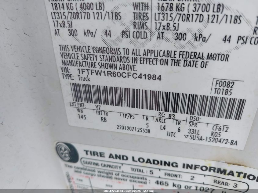 2012 Ford F-150 Svt Raptor VIN: 1FTFW1R60CFC41984 Lot: 42224873