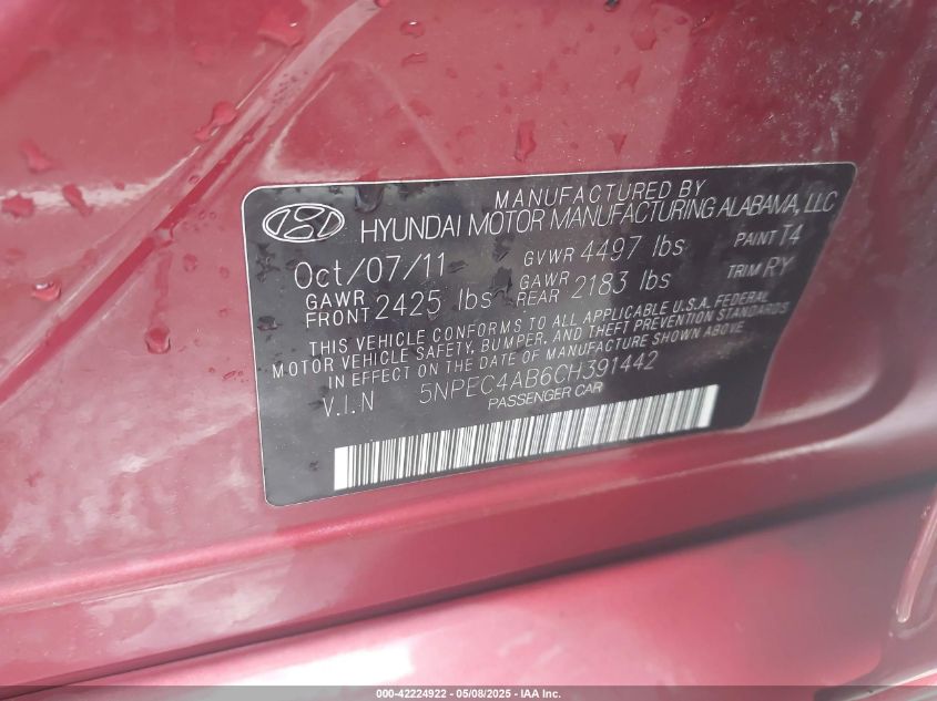 2012 Hyundai Sonata Se 2.0T VIN: 5NPEC4AB6CH391442 Lot: 42224922
