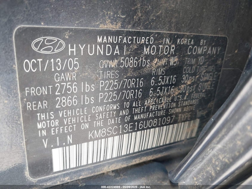 2006 HYUNDAI SANTA FE VIN: KM8SC13E16U081097