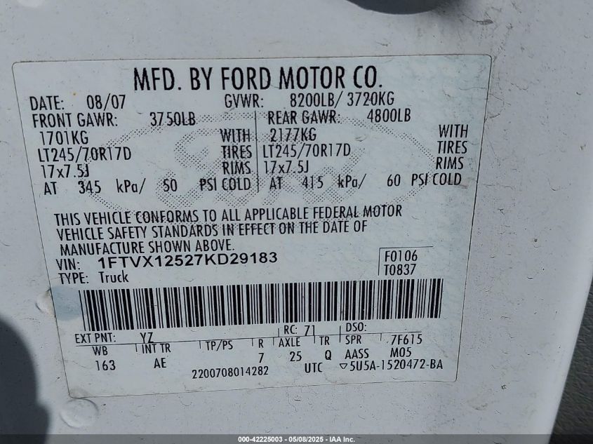 2007 Ford F150 VIN: 1FTVX127KD29183 Lot: 42225003