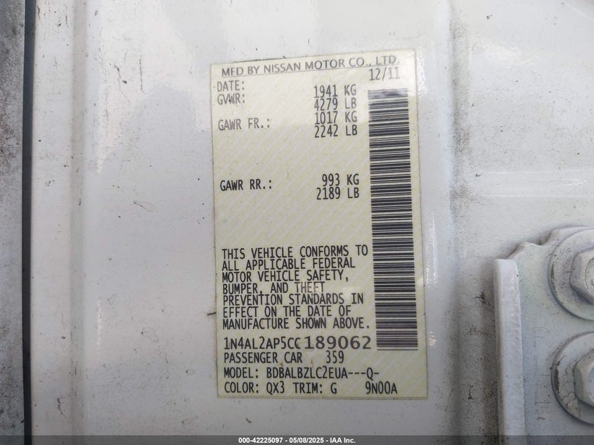 2012 NISSAN ALTIMA VIN: 1N4AL2AP5CC189062