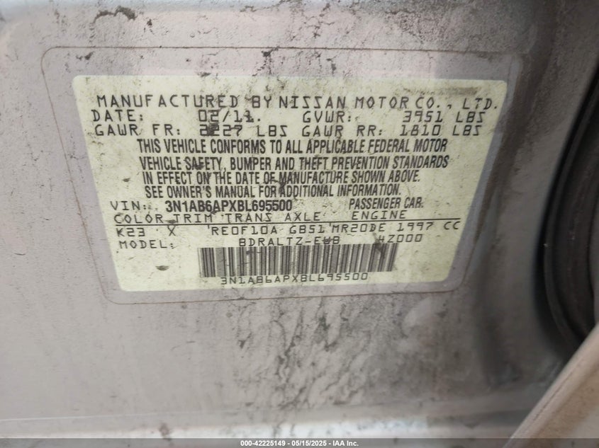 2011 NISSAN SENTRA VIN: 3N1AB6APXBL695500