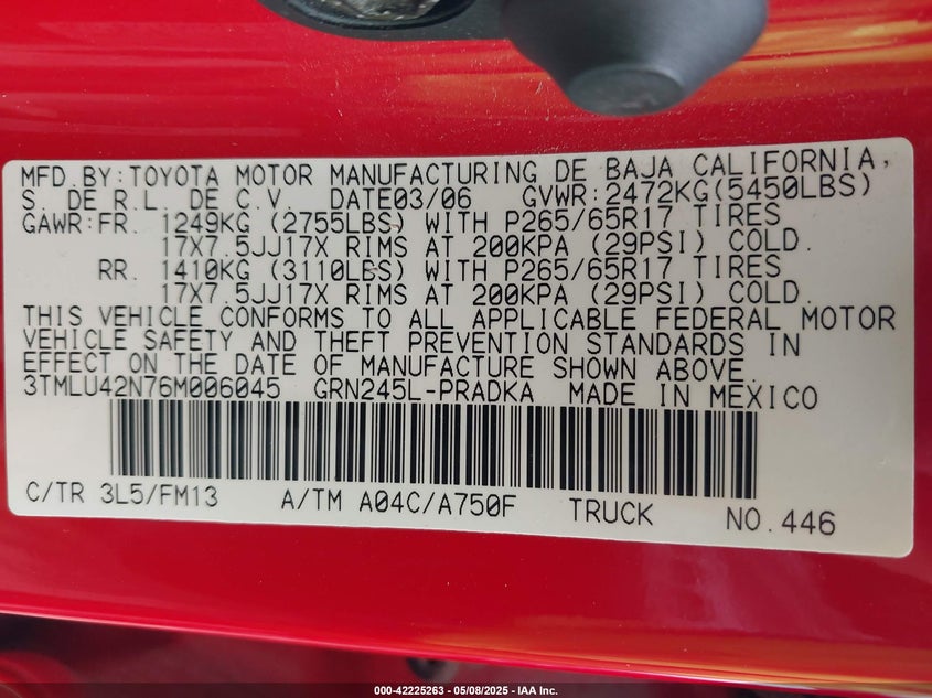 2006 TOYOTA TACOMA VIN: 3TMLU42N76M006045