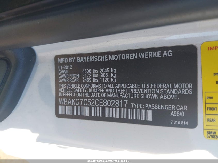 2012 BMW 335I VIN: WBAKG7C52CE802817