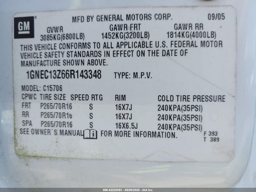 2006 Chevrolet Tahoe Ls VIN: 1GNEC13Z66R143348 Lot: 42225393