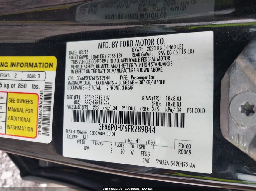 2015 FORD FUSION VIN: 3FA6P0H76FR289844