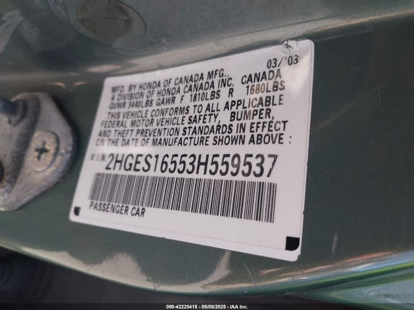 2003 Honda Civic Lx VIN: 2HGES16553H559537 Lot: 42225418